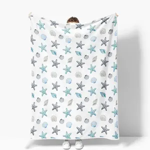 1pc Coastal ocean beach , starfish and seashell pattern, blue-grey and white base, ocean theme, lightweight, soft and comfortable , suitable for sofas, bedrooms, bedding, Breathable Lightweight , flannel , Soft Warm . blanket