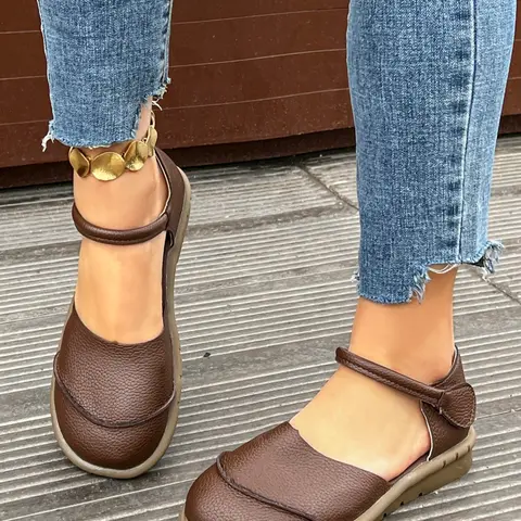 Women's Breathable Sandals, Adjustable Velcro Anklet, Summer Beach Walk Casual Flat Shoes, PU Leather, Rubber Sole, Daily Wear