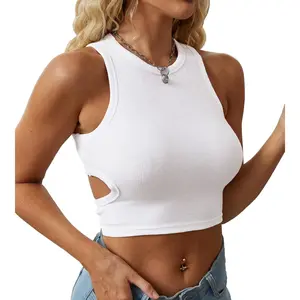 Womens Summer Halter Tops Cutout Sleeveless Crewneck Racerback Ribbed Knitted Crop Tank Top