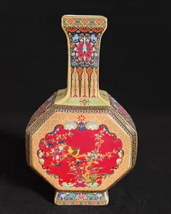 10"Trailed-Glaze Famille Rose Medallion Flower-and-Bird Hexagonal Vase