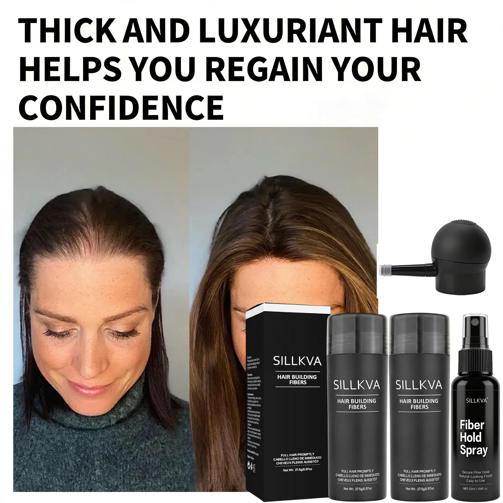 SILLKVA 4PCS Hair Building Fiber Kit – 2×27.5g Hair Fibers with Holding Spray & Precision Applicator, Instant Fuller Hairline Coverage, Waterproof & Sweatproof for Men & Women Lightweight