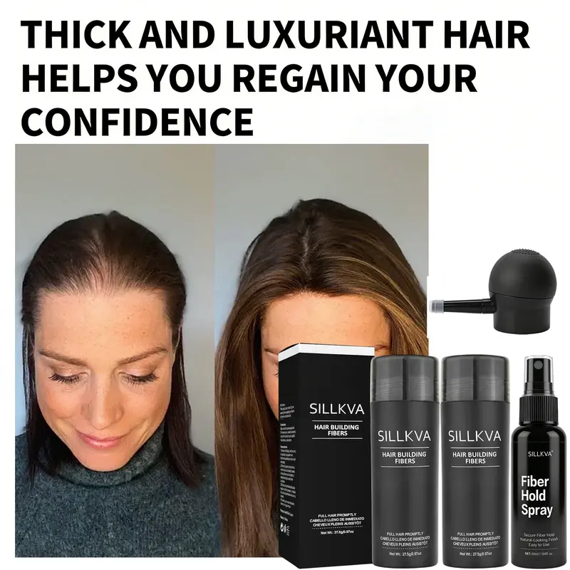 SILLKVA 4PCS Unscented Anti-Thinning Hair Building Fiber Haircare Kit - 2x27.5g Styling Powders, 50ml Adhesive Spray, Precision Applicator, Bald Spot Coverage, Instant Fuller Hair, Natural Blending Effect for Adults (Hairline/Crown Touch-Ups)