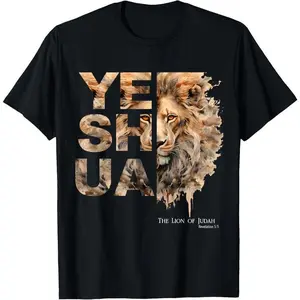 100% Cotton Unisex Yeshua Lion of Judah Jesus God Bible Verse Revelation T-Shirt Casual Graphic Printed Vintage Distressed Big Menswear Top Black Crewneck Shortsleeve Tshirt Streetwear Tropical Sword