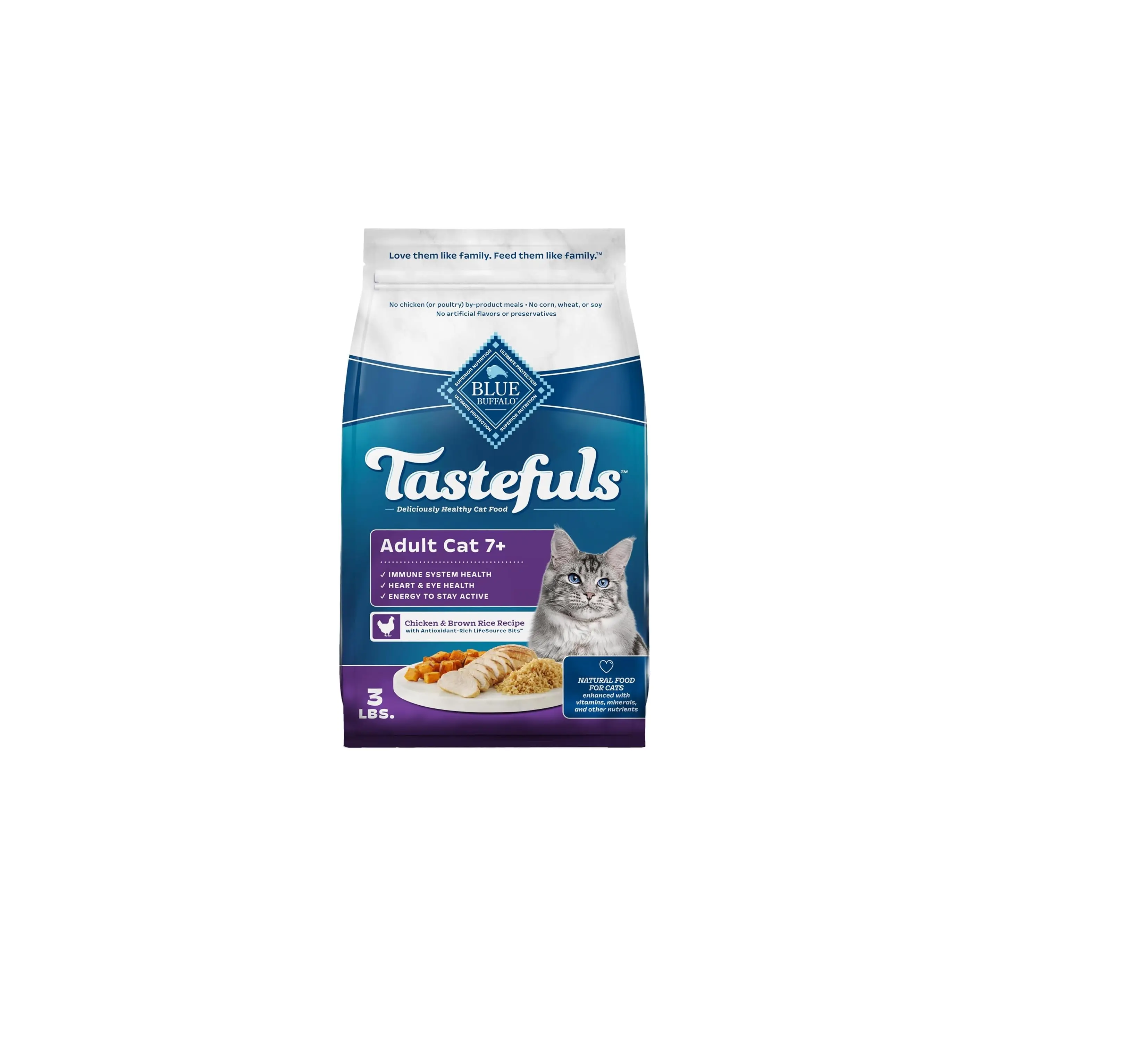 Blue Buffalo Tastefuls Mature Dry Cat Food for Adult Cats 7+, Made in the USA with Natural Ingredients, Chicken & Brown Rice Recipe, 3-lb. Resealable Bag