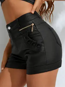 High Waist Pocket Coated PU Zipper Chic Shorts, Women's Casual Summer Hot Pants, Comfortable Elastic Waistband, Trendy Fashion Wear, Fitted