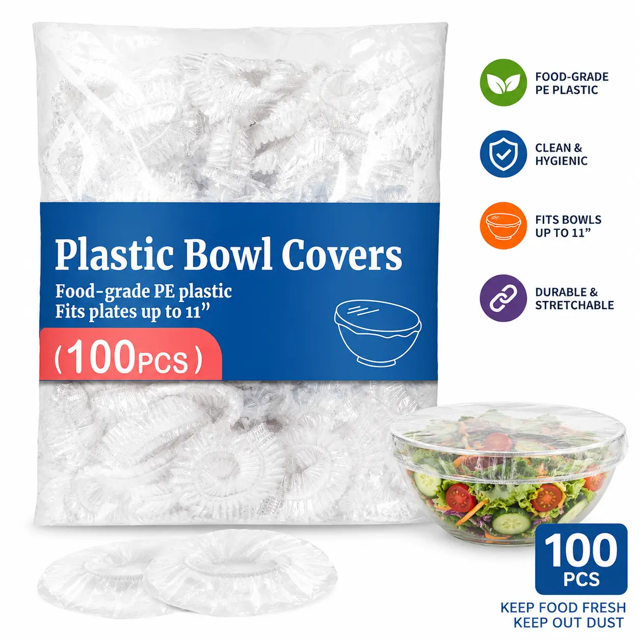100pcs Plastic Bowl Covers,Elastic Reusable Food Covers,Shower Caps for Sourdough Bread Proofing,Outdoor Disposable Plastic Wrap for Food Storage,Fits Bowls Up to 11"