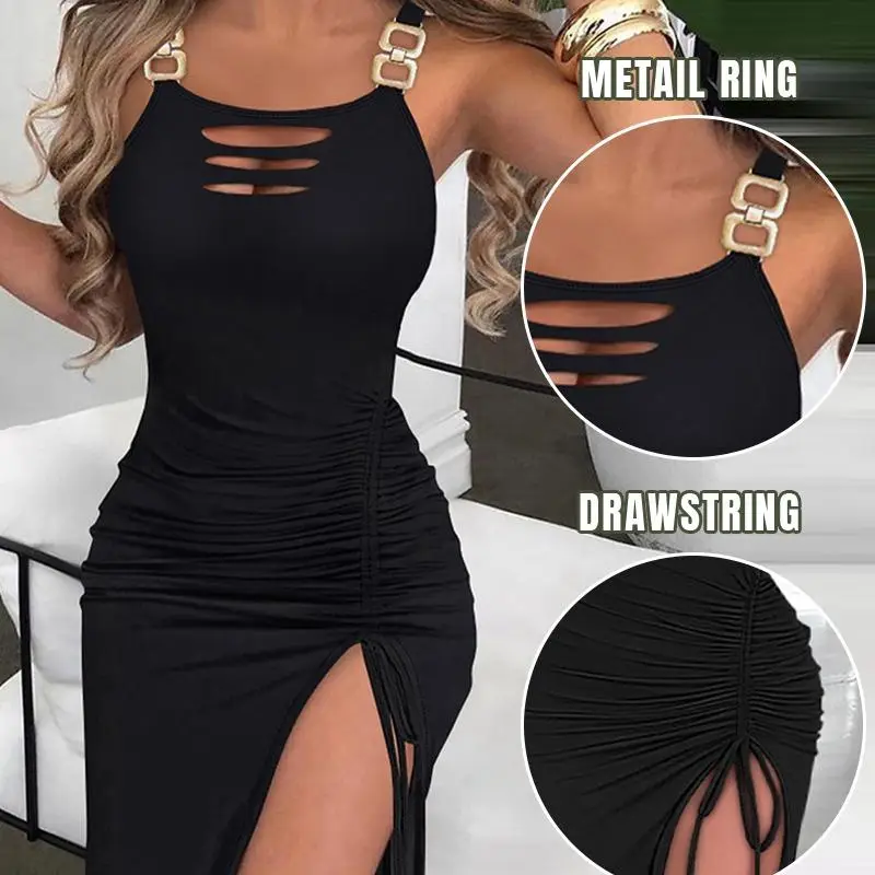 ChicMe Women's Ladder Cut Out Ruched Bodycon Dress Buckled Strap Side Slit Drawstring Club Party Maxi Dresses
