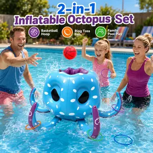 Kids Inflatable Pool Octopus Shark Style Set ,3-in-1 PVC Floating Basketball Hoop & Ring Toss Activity with Balls, Pump and Rings, Summer Pool Activity,Parent-Child Family Water Fun for Swimming Pool, Beach, Luau Party, Outdoor Summer Backyard