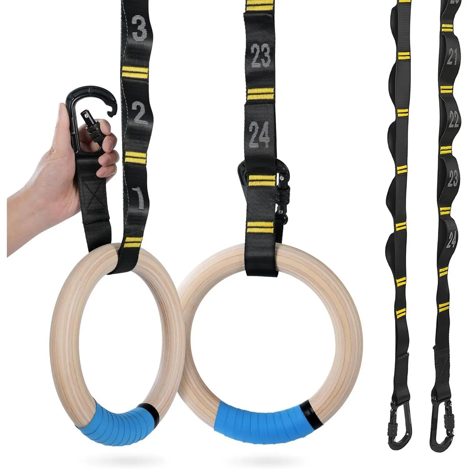 Wooden Gymnastics Rings Set with 8.5ft Numbered Daisy Chains and Quick Carabiners 32mm Thick Wood Gym Rings 1500lbs for Full-Body Workout at Home on Crossfit Calisthenics Strength Training