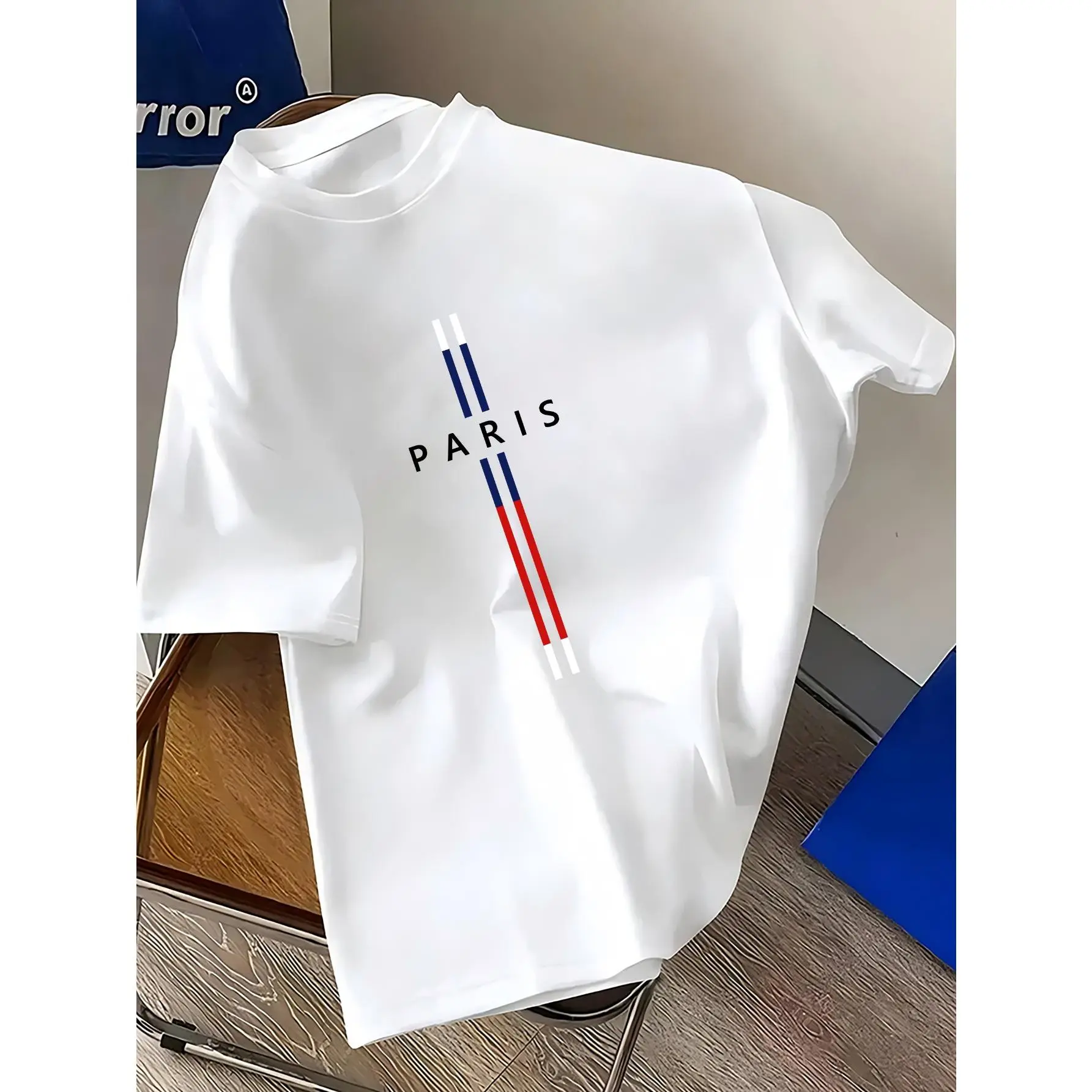 [Geometric Paris Print Tee] Summer Geometric Paris Print Polyester T-Shirt - 1Pc Men'S Casual Round Neck Stretch Fit Top For Adults