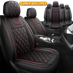 Full Surround 2PCS Car Seat Cover Crown Embroidery PU Leather Waterproof Wear Resistant Front Seats Two Cushion Covers Full Coverage Soft Comfortable Seat Cover