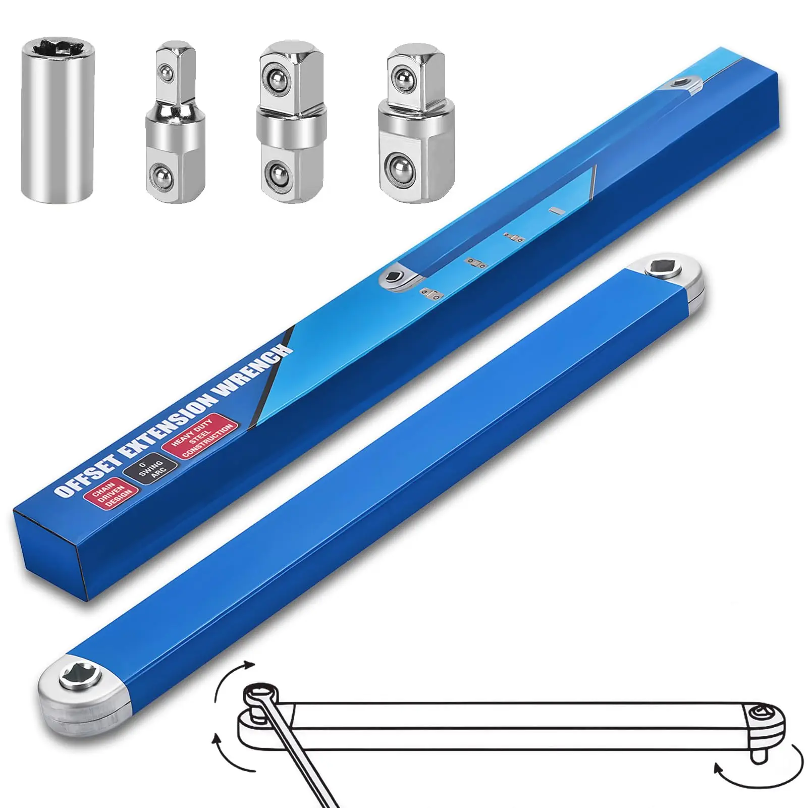 Offset Extension Wrench,Upgraded Impact Ready Extension Wrench Set,with 4pcs 1/2'',1/4'' and 3/8'' Square Drive Adapters,15'' Socket Wrench Tool