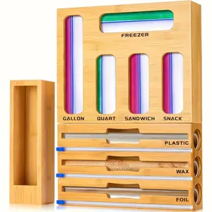 1pc 9 IN 1/7 In 1 Storage Bag Organizer For Kitchen Drawer, Bamboo Foil And Plastic Wrap With Cutter, Organizers Compatible Gallon, Quart, Sandwich Snack Size, Christmas Gifts, Birthday Gifts, New Year Gift