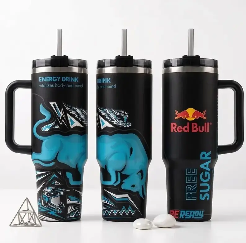 [Energy Drink Collection] Red Bull 40oz Tumbler with Handle & Straw, Stainless Steel Double Wall Vacuum Insulated Travel Mug, Keeps Drinks Hot & Cold, Reusable Coffee Cup, Gift for Energy Drink Fans