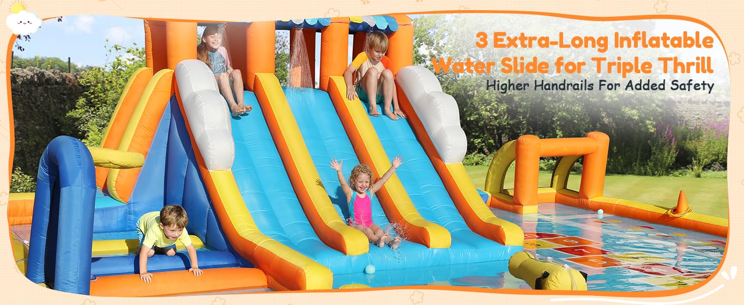 【Beautyhackher Exclusive】Inflatable Water Slide, Water Park for Big Kids,with Blower, Slides, Climbing Walls, Water Guns, and Deep Splash Pool, Indoor and outdoor, Summer Gifts