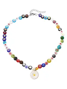 Vibrant 1 Pc Multi-color Floral Glass Bead Necklace for Women Men Classic Millefiori Craft Beads Dainty Enamel Daisy Pendant Unique Intricate Floral Patterns Rich Layered Color Effects Distinctive Artistic Texture Adorable Daisy Enamel Ornament