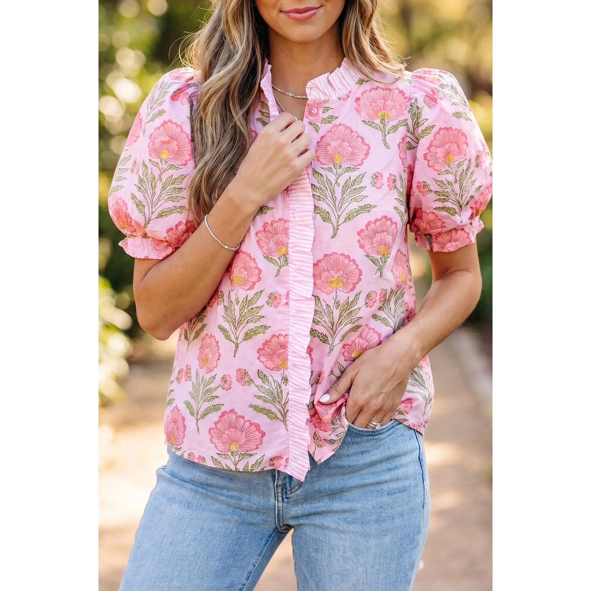 Pink Sweet Blooms Ruffle Striped Trim Puff Sleeve Shirt