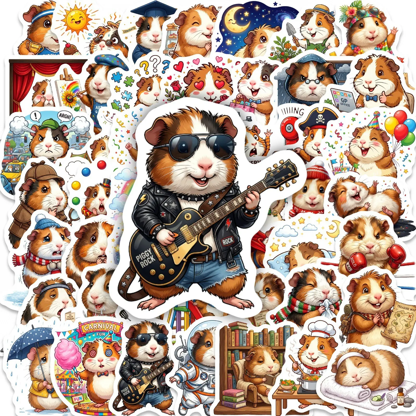 50pcs of Adorable Guinea Pig Stickers in Funny Designs, Suitable for Scrapbooks, Diaries, Laptops, Water Bottles, Cars, and Other Items. A Gift with A Positive Message and Based on Beliefs.