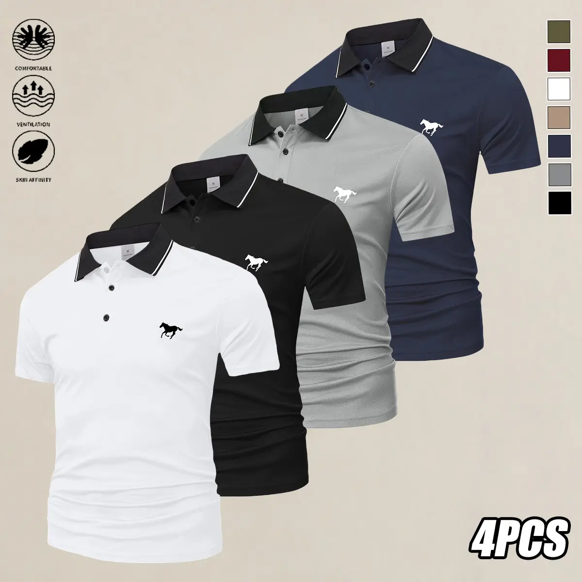 Men's Casual Shortsleeve Polo Shirt Set (4 Pieces, Mixed Colors) - Menswear Tops, Printed, Breathable, Cool, Polyester Fabric, Athletic Basic, Ideal for Holiday Gifts, Summer Vibes, Back to School