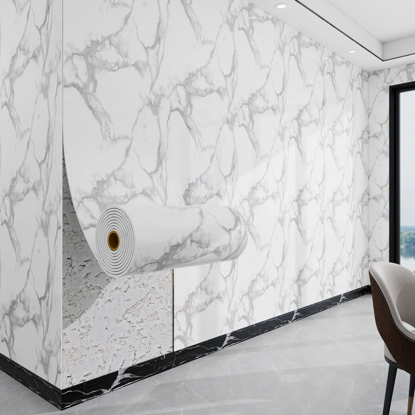 Faux Marble Finish Waterproof Vinyl Decorative Sticker - Bathroom Wallpaper Peel and Stick, Self-Adhesive Marble Look Covering for Kitchen Splash Guards, Cabinet Doors