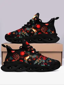 Men's Fashionable Christmas Theme Santa Claus & Bell Print Sneakers, Breathable Blade Sole Sports Running Shoes, Male All-match Round Toe Shoes for Daily Wear