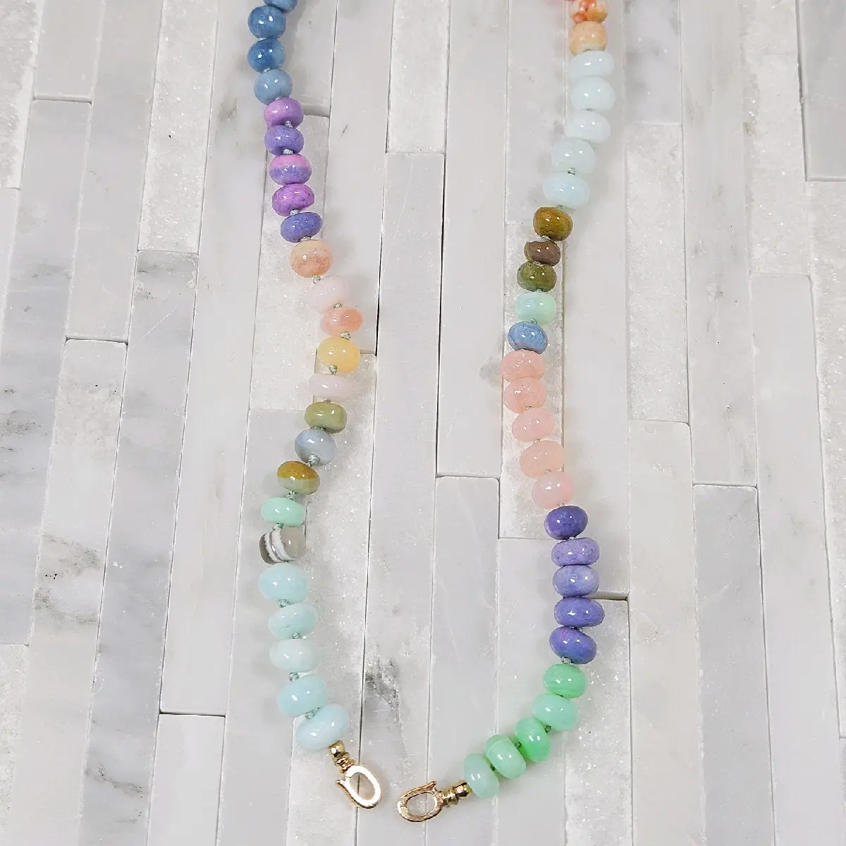 Pastel Multicolor Candy Pop Opal Gemstone Beaded Necklace 14K Gold 16"