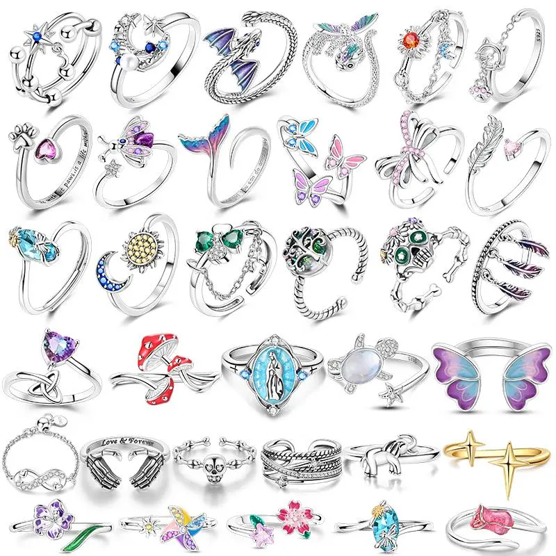 Dragon Adjustable Ring 925 Sterling Silver Original Clover Star Moon Pink Zircon Open Rings For Women Wedding Party Jewelry Gift