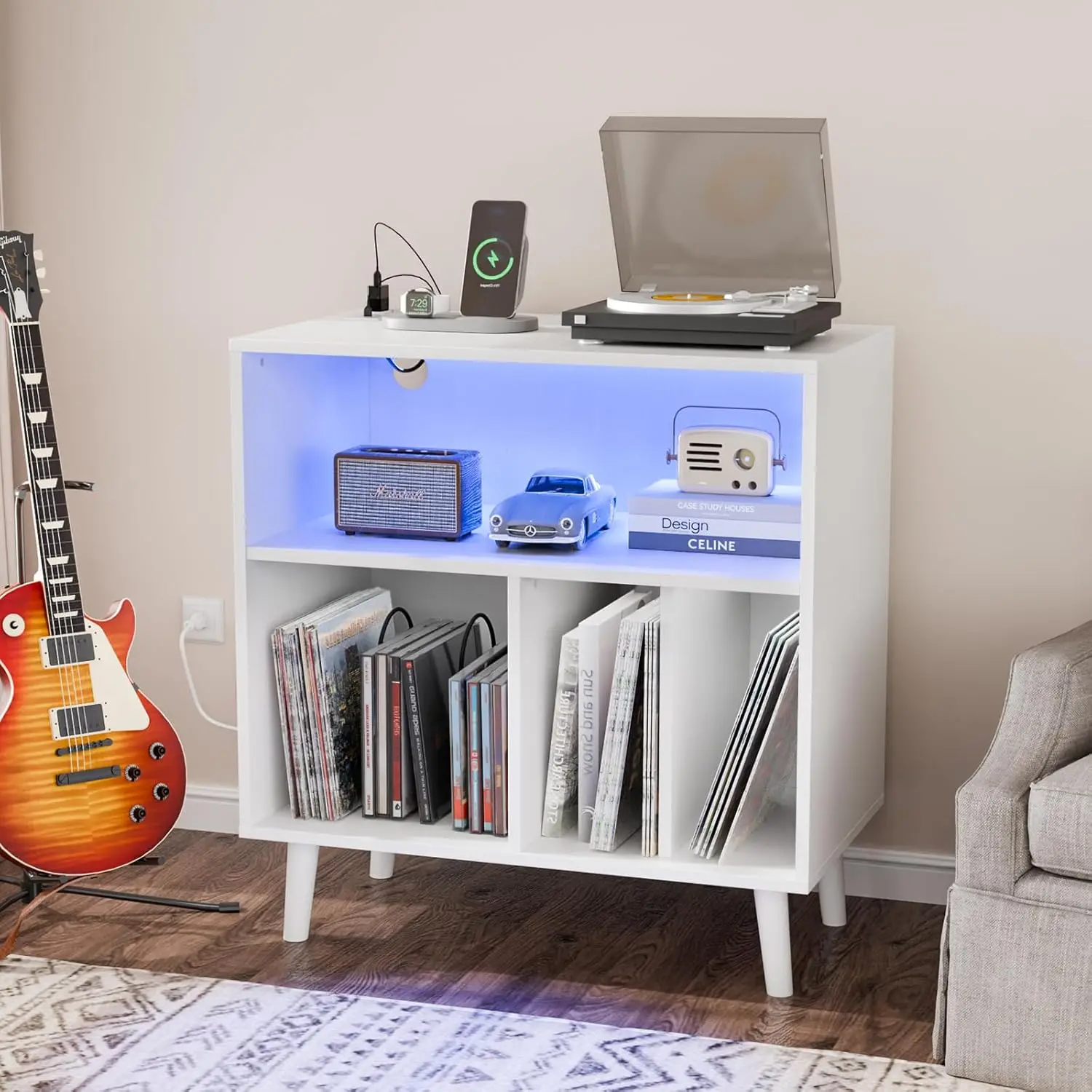 【Father's Day Gift】White Mid-Century Record Player Stand with Ambient Lighting, Open Vinyl Storage, Power Outlet, and Capacity for 300 Albums for Living Room