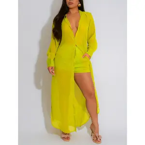 JOY PAY 2-Piece Lightweight Chiffon Long Sleeve Shirt & Drawstring Shorts Set - Perfect for Beach Vacations, Pool Parties, Nightclubs, Music Festivals, Travel & Casual Outings