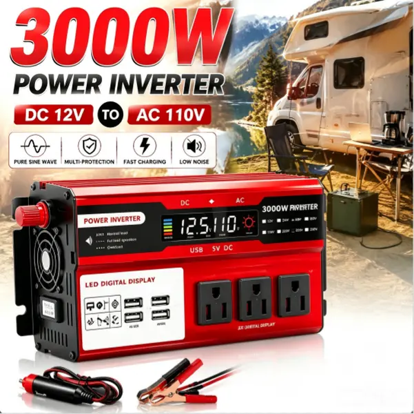3000W Peak Power Inverter DC 12V to AC 110V, Pure Sine Wave Converter with LCD Display, Wireless Remote, 3 Outlets 4 USB Ports for RV Truck Car Camping Emergency Power