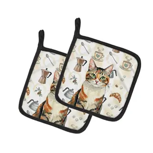 Carolines Treasures FNT1392PTHD 7.5x7.5 in. Patched Tabby Cat Coffee Time Hanging Pot Holder Set, 2-Pack Kitchen Bakeware for Machine Use