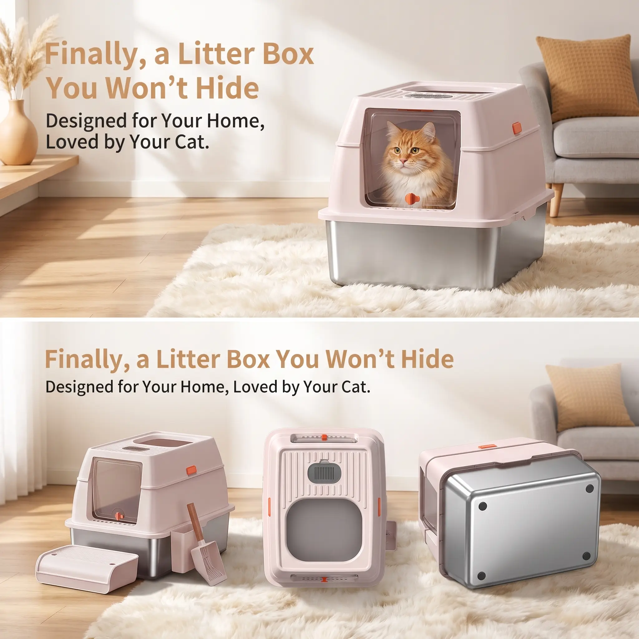 Antibacterial Medical-Grade pink Stainless Steel Litter Box for Small Apartments, Never Absorbs Odor or Stains, High Walled Design to Prevent Litter Scatter and Spraying, Lifetime Durable Metal Cat Pan for a Perpetually Fresh Smelling and Clean Home