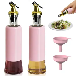Olive Oil Dispenser Bottle for Kitchen Set of 2, Golden Non-Drip & Leakproof Spout, One-handed Hold, With Pink Funnel for Easy Filling, 10OZ/300ML(PINK)