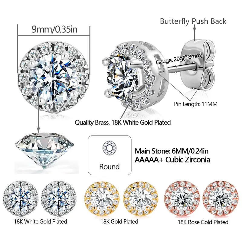 GEMESME Women's 3-Pair Artificial Zircon Earrings Pack - 3-Color 6mm Round Cut CZ, Minimal Halo Bling, Gold Zirconia & White Gold Options, Ideal for Engagement & Anniversary