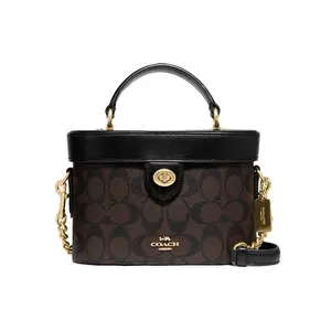 COACH Kay 20 Classic Monogram Logo Leather Box Bag for Women in Brown and Black
