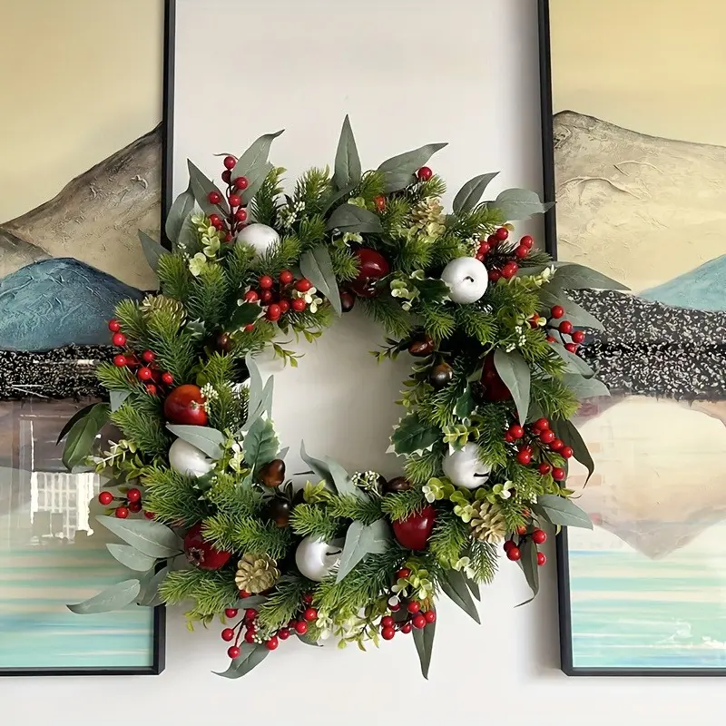 24-inch front door Christmas wreath - simulated outdoor decorations, decorated with pine cones, white apples, red pomegranates and red berry strings, suitable for holiday parties and indoor and outdoor Christmas decorations, outdoor front door decorations