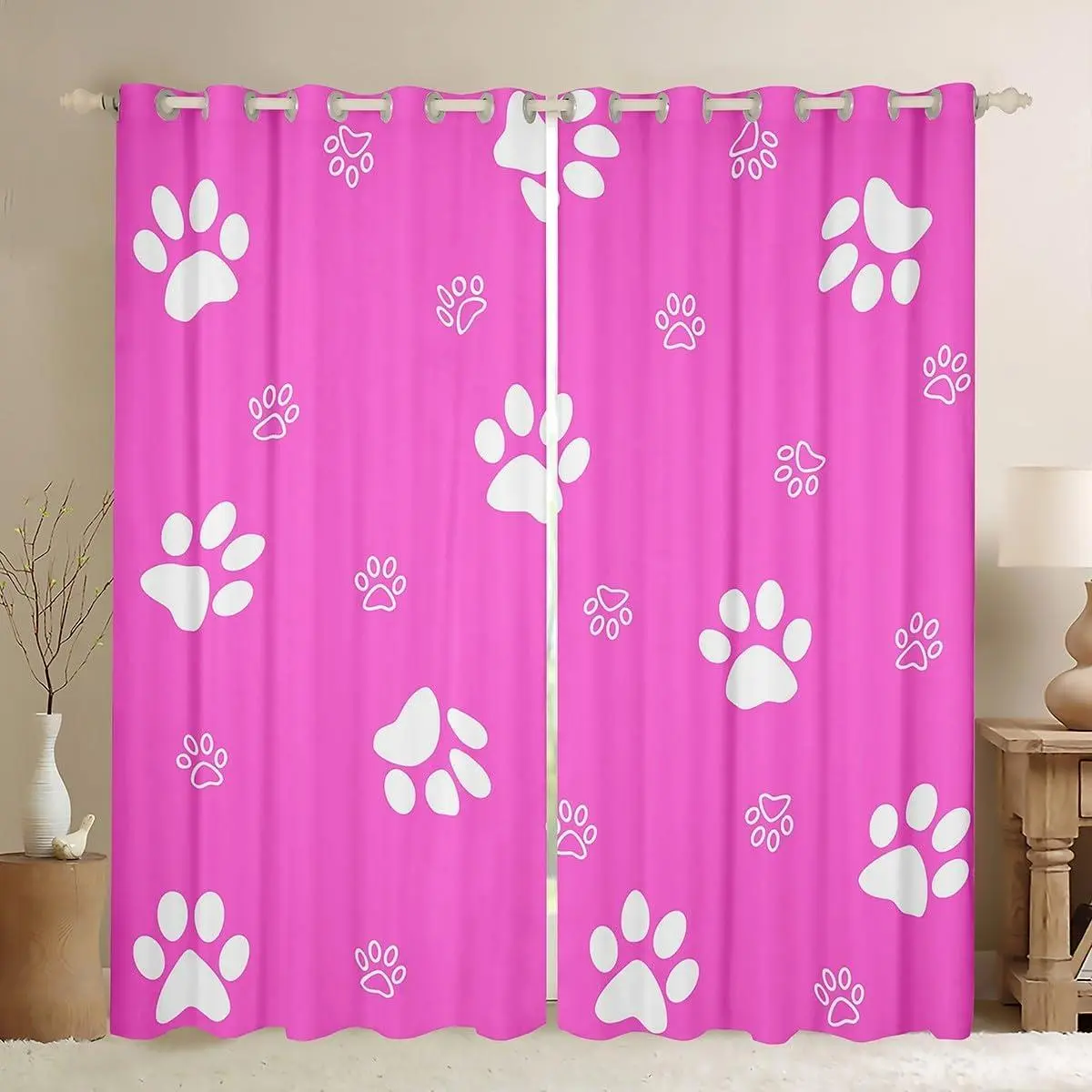 Pink Dog Paw Window Drapes Cute Dog Blackout Shades Window Treatments Lovely Poppy Pet Kawaii Animal Curtains Room Darkening Curtain