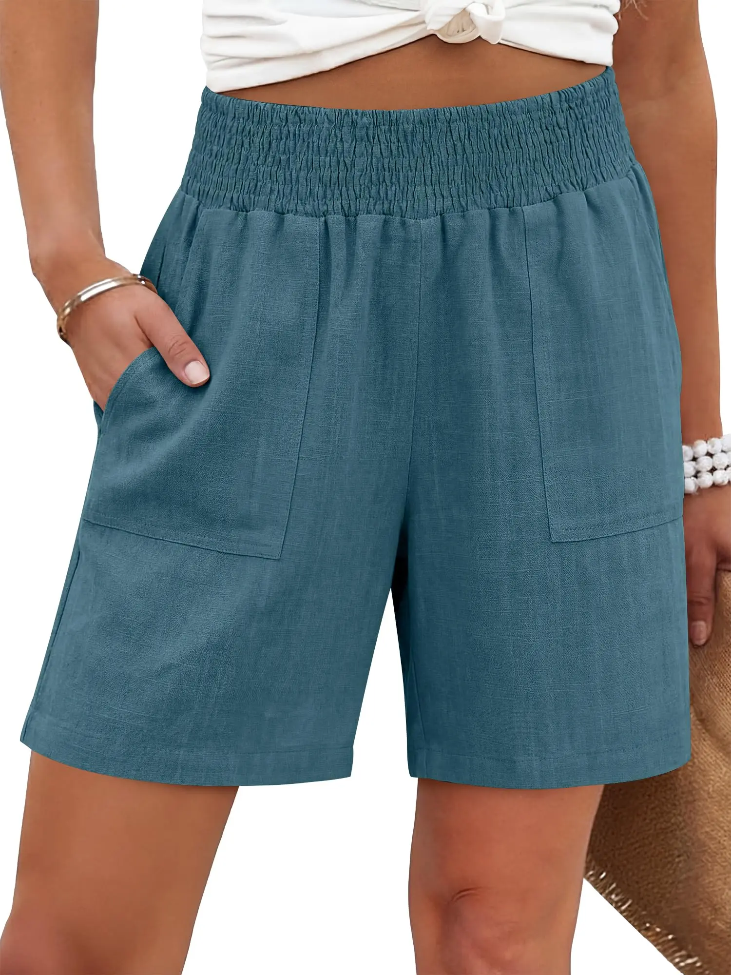 ANRABESS Linen Shorts for Women Casual Summer High Waisted Wide Leg Lounge Beach Vacation Shorts with Pockets 2026 Spring Wear