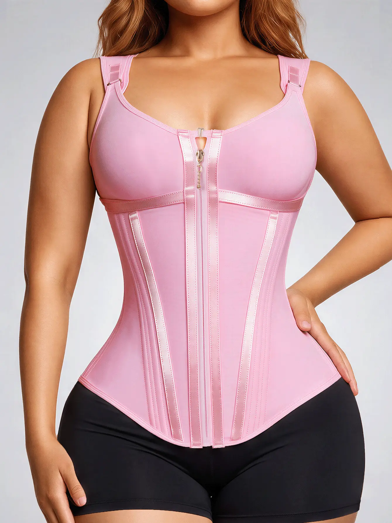 Pink Tummy Control Shapewear Top for Women, Front Zipper, 17 Boning Supports, 3-Row Hook-and-Eye Closure, Wide Adjustable Straps