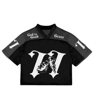Black Cropped Mesh Football Jersey #11 Religious Gothic Angel Print V-Neck God is Good Grace Summer Streetwear Loose Fit Sports Top Unisex Athletic