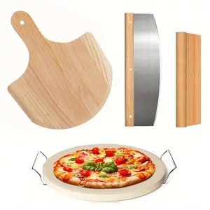 Set of 5 Round Pizza Stones, 33 Cm Round Heat-Resistant Pizza Stones, Suitable for Ovens And Grills, Includes a Pizza Peel, Serving Rack, Pizza Cutter, And 10 Sheets of Cooking Paper for Baking Pizzas And Bread