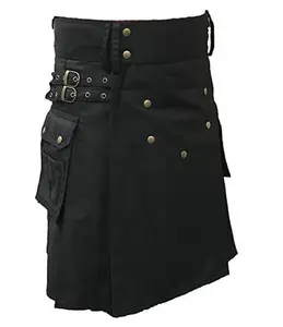 Men's Scottish Utility Kilt Cotton Cargo Pockets Skirt Highlander kilt Traditional Menswear Black
