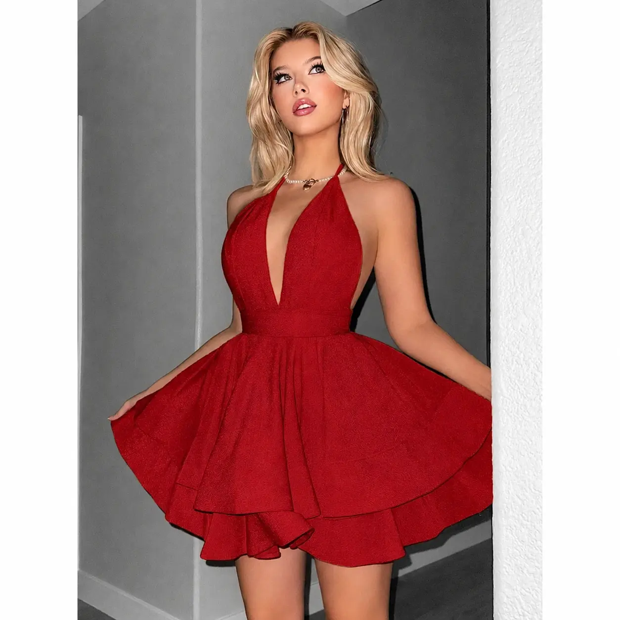 Women's Elegant Off-Shoulder Formal Dress - Ruched Short Flowy Skirt, Sexy Deep V Backless, Breathable Polyester, Formal Wear, Easy to Maintain, Machine Washable Spring Summer Party Wear, Night Out Clothes For Women