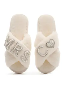 X-Strap Plush Slippers with Pearl Rhinestone Heart Design, Customizable C Initial, Perfect Gift for Wedding and Holidays