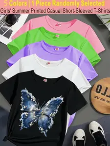 Girls' Summer Fashion Trendy Blue Butterfly Pattern Print Comfortable Versatile Short Sleeve T-Shirt, Casual Loose Fit Clothing Gift
