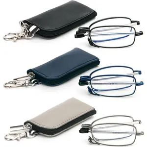 3 Pack Folding Reading Glasses with Keychain Compact Bags Women Men Blue Light Blocking Spring Hinge Portable Pocket Readers,Black Grey and Blue 1.75