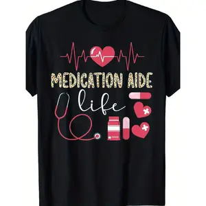 Medication Aide Life Inspirational Black T- Shirt - Soft Cotton, Short Sleeve, Crew Neck, with Stethoscope and Heartbeat Pattern - Perfect for Healthcare Professionals, Casual Wear, and SpringSummer Men' S Gift Size S- XXXL- 3XL