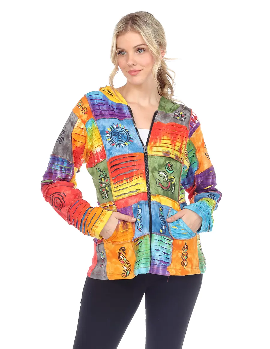 Women's Stylish Hoodie - Handmade Cotton Patchwork Graphic Stamp, Long Sleeve, Rainbow Stripe Multicolor Plus Size, Retro Appeal, High Visual Impact, Layering Piece, Statement Casual Top, Hand Wash Only