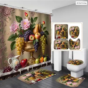 1/3/4PCS Vintage Fruit Arrangement in Golden Vase Shower Curtain Set with Rugs, Non Slip Bath Mat, U-Shape Carpet, Toilet Lid Cover, Bathtub Curtain Accessories, 12 Hooks, Home Bathroom Festival Decor