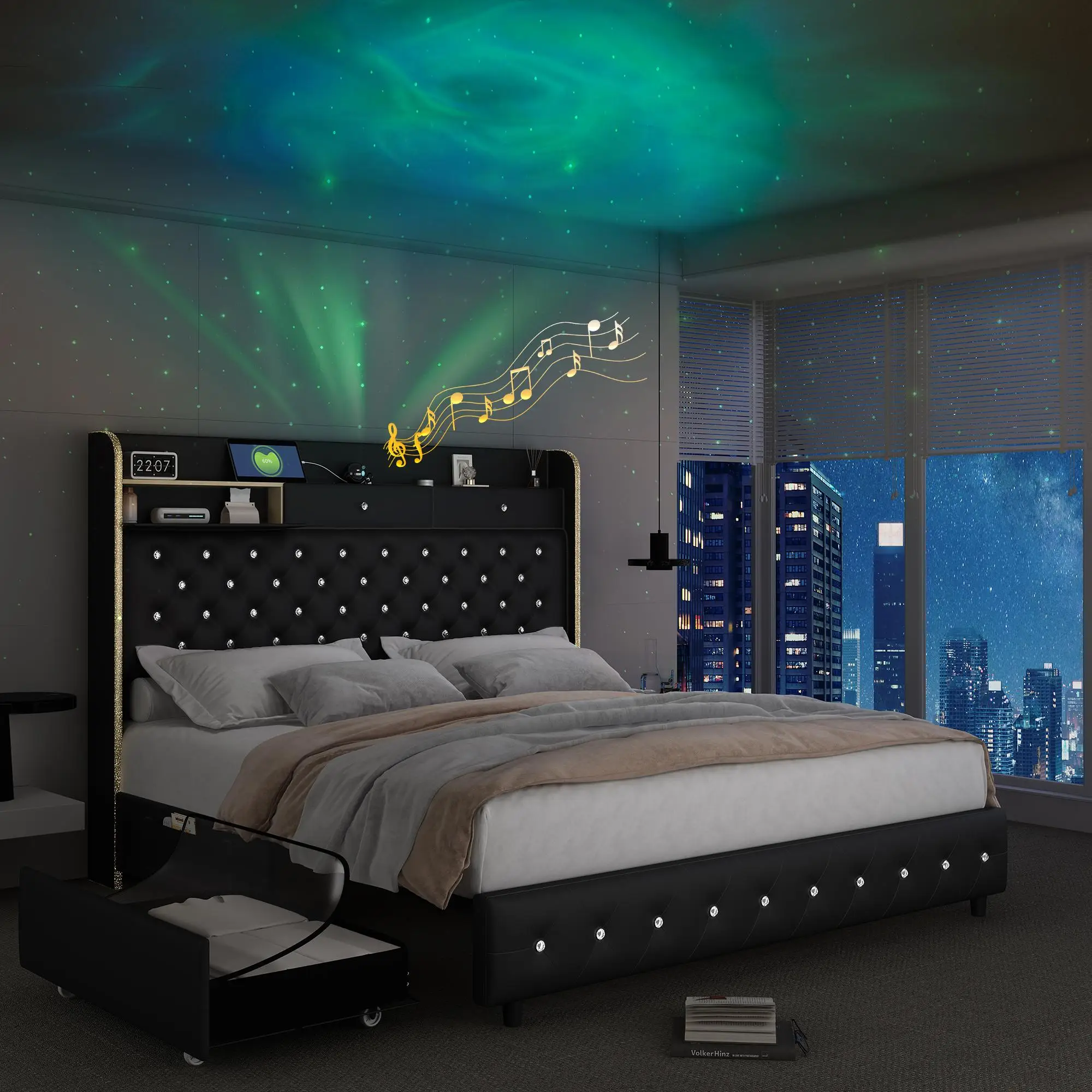 Full Led Bed Frame with Galaxy Aurora Star Projector, Full Size Platform Bed with 2 Storage Drawers, 52" Diamond Upholstered Headboard with Charging S